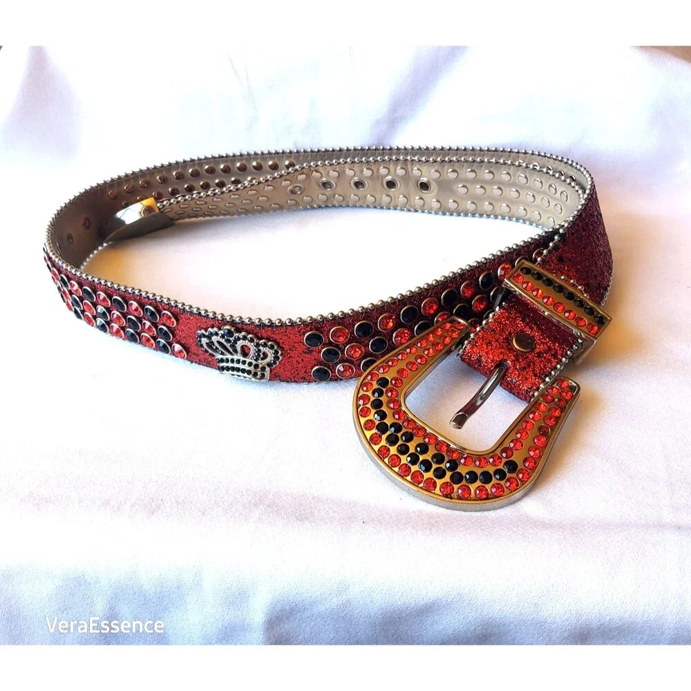 DNA PREMIUM WEAR WESTERN BELT RED BLACK RHINESTONE SILVER & GLITTER ACCENTS 43